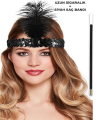 Nessiworld 1920s Gatsby Accessory Set – Black Charleston Headband & Cigarette Holder