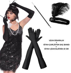 Nessiworld 1920s Gatsby Accessory Set – Black Charleston Headband, Long Gloves & Cigarette Holder