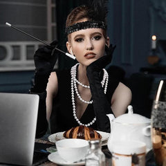 Nessiworld 1920s Gatsby Accessory Set – Black Charleston Headband, Long Gloves & Cigarette Holder