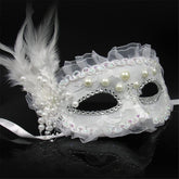 NessiWorld White Color Side Feather Pearl Embroidered Stone Lace Party Mask 17x12 cm