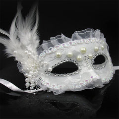 NessiWorld White Color Side Feather Pearl Embroidered Stone Lace Party Mask 17x12 cm