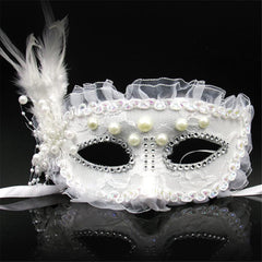 NessiWorld White Color Side Feather Pearl Embroidered Stone Lace Party Mask 17x12 cm
