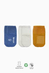 Lot de 3 paires de chaussettes antidérapantes en coton peigné Nessiworld Bistyle Basic BS10107 Indigo Écru Moutarde