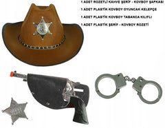 Nessiworld Çocuk Boy Kahverengi Şerif-Kovboy Şapka Tabanca Rozet ve Kelepçe Seti 4 Parça
