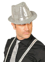 Nessiworld Disco Star Silver Sequined Fedora Hat Adult Size