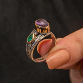 Silver Amethyst Stone Emerald Authentic Adjustable Women's Ring