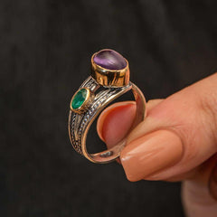 Silver Amethyst Stone Emerald Authentic Adjustable Women's Ring