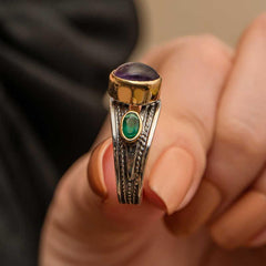 Silver Amethyst Stone Emerald Authentic Adjustable Women's Ring