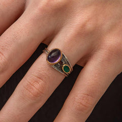 Silver Amethyst Stone Emerald Authentic Adjustable Women's Ring