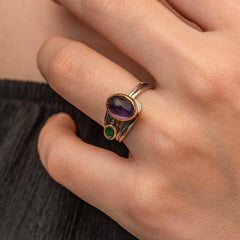 Silver Amethyst Stone Emerald Authentic Adjustable Women's Ring