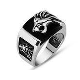 Silver Black Stone Lion Figured Men's Ring