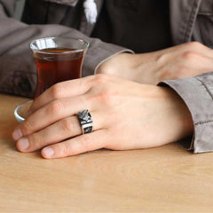 Silver Black Stone Lion Figured Men's Ring