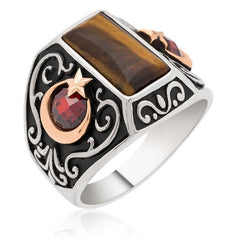 Silver Crescent Star Crest Tiger Eye Men's Ring