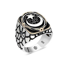 Silver Crescent Star Oval Men's Ring