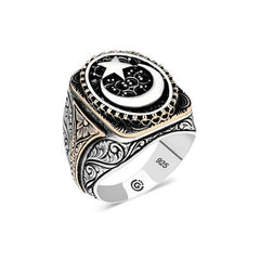 Bague pour homme ovale en argent avec croissant d'étoile