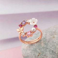 Silver Adjustable Rose Magnolia Flower Women's Ring