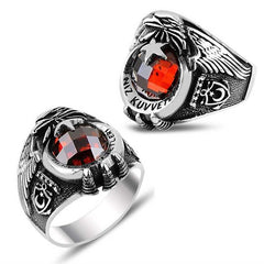 Silver Crescent Star Navy Red Stone Men's Ring