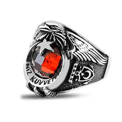 Silver Crescent Star Navy Red Stone Men's Ring
