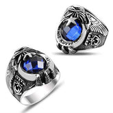 Silver Star and Crescent Navy Blue Stone Men's Ring