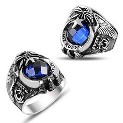 Silver Star and Crescent Navy Blue Stone Men's Ring