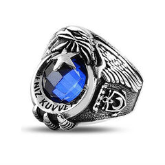 Silver Star and Crescent Navy Blue Stone Men's Ring