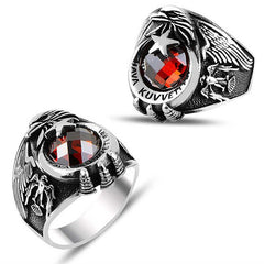 Silver Crescent Star Air Force Red Stone Men's Ring