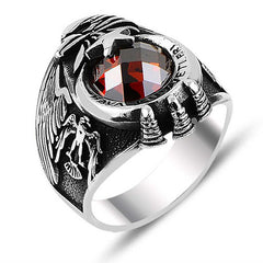 Silver Crescent Star Air Force Red Stone Men's Ring