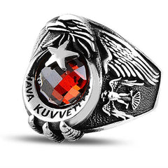 Silver Crescent Star Air Force Red Stone Men's Ring