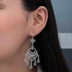 Silver Crescent Star Filigree Dangling Women's Earrings