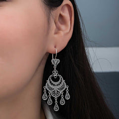 Silver Crescent Star Filigree Dangling Women's Earrings