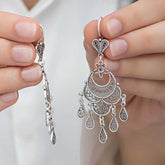 Silver Crescent Star Filigree Dangling Women's Earrings