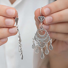 Silver Crescent Star Filigree Dangling Women's Earrings