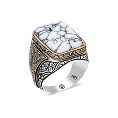 Silver Patterned White Howlite Stone Square Men's Ring