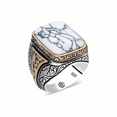 Silver White Striped Howlite Stone Square Men's Ring