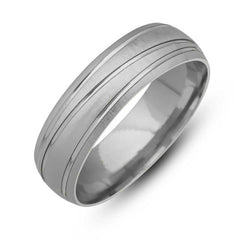 Silver Domed Stripe Patterned Rhodium Wedding Ring