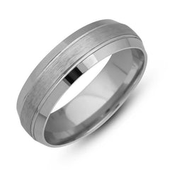 Silver Domed Stripe Patterned Rhodium Wedding Ring