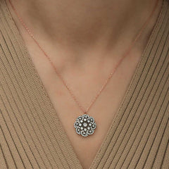 Silver Flower Patterned Diamond Mounted Necklace