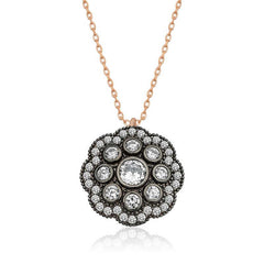 Silver Flower Patterned Diamond Mounted Necklace