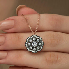 Silver Flower Patterned Diamond Mounted Necklace