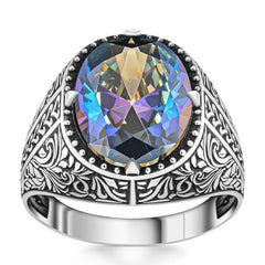 Silver Flower Motif Mystic Topaz Men's Ring