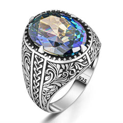 Silver Flower Motif Mystic Topaz Men's Ring