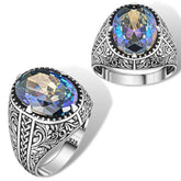 Silver Flower Motif Mystic Topaz Men's Ring