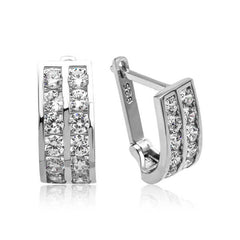 Silver Double Row White Stone J Women's Earrings