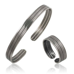 Silver Stripe Patterned Bracelet and Ring Set