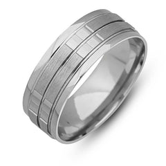 Silver Stripe Patterned Rhodium Wedding Ring