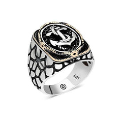 Bague ovale en argent pour homme avec ancre marine