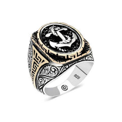 Bague ovale en argent pour homme avec ancre marine