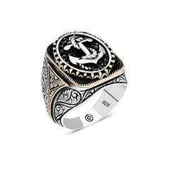 Bague ovale en argent pour homme avec ancre marine