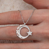 Silver Patterned Crescent Star Women's Necklace