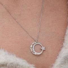 Silver Patterned Crescent Star Women's Necklace